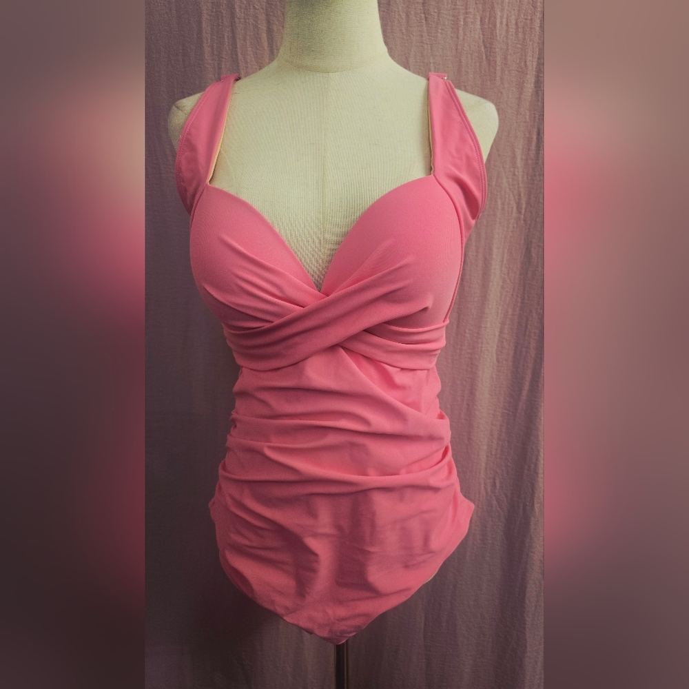 Eomenie Tummy Control Front Twist Ruched One Piece Swimsuit- Pink, XL
